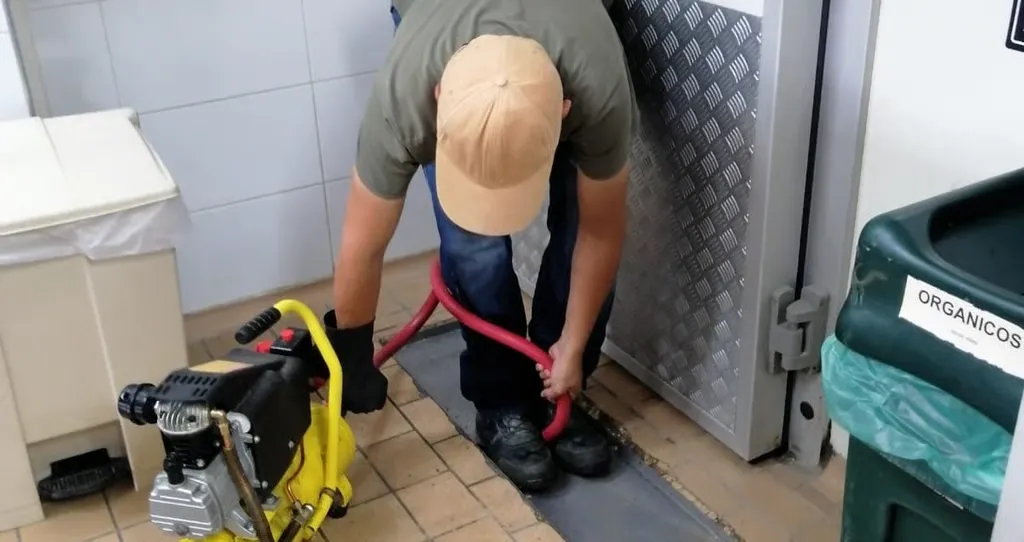 Técnico operando una máquina de sonda para destapar un desagüe